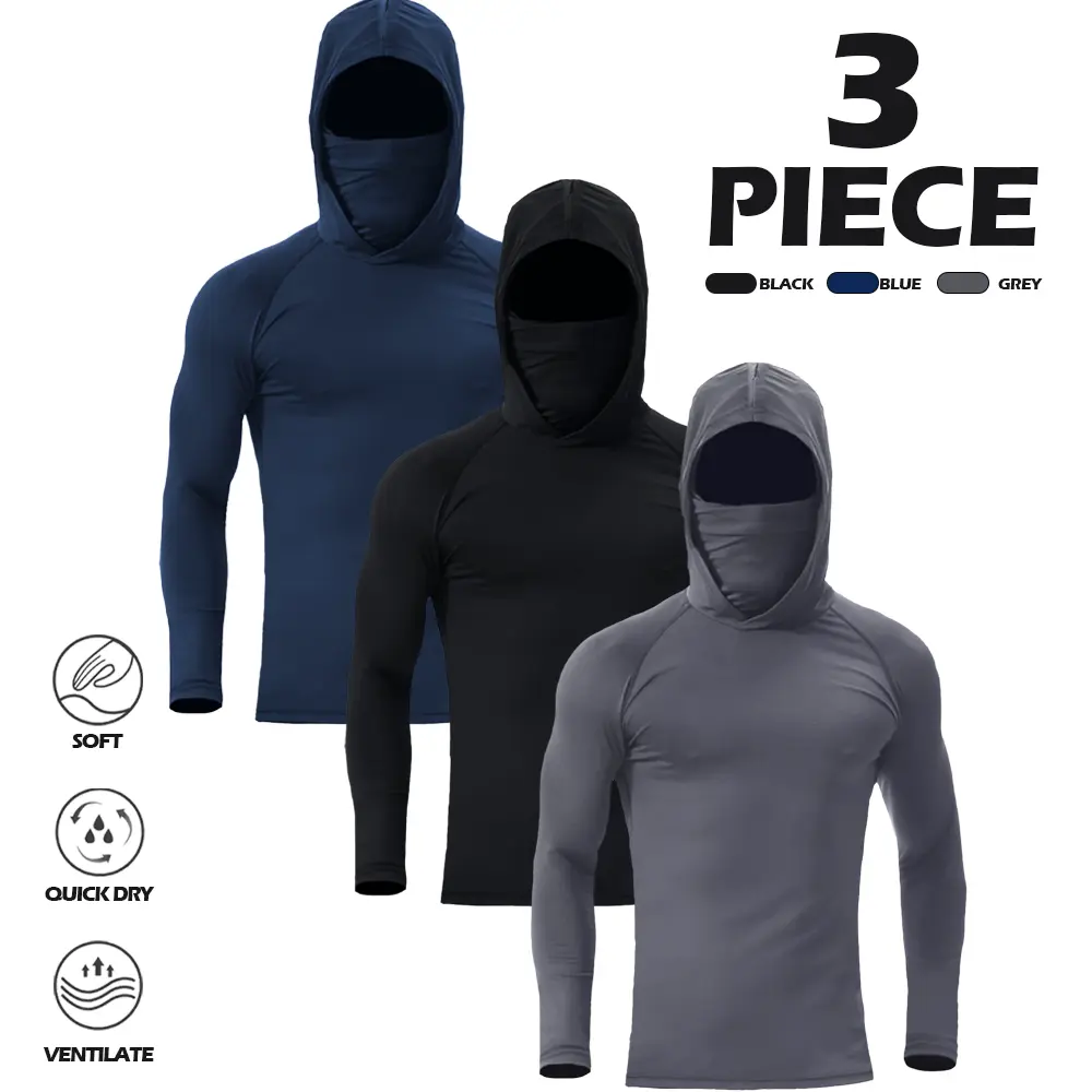 Men's 3-Pack UPF 50+ Sun Protection Hooded Long Sleeve Shirts with Built-in Face Mask - Quick Dry Lightweight Athletic Tops for Fishing, Running & Hiking (Black, Grey, Blue)