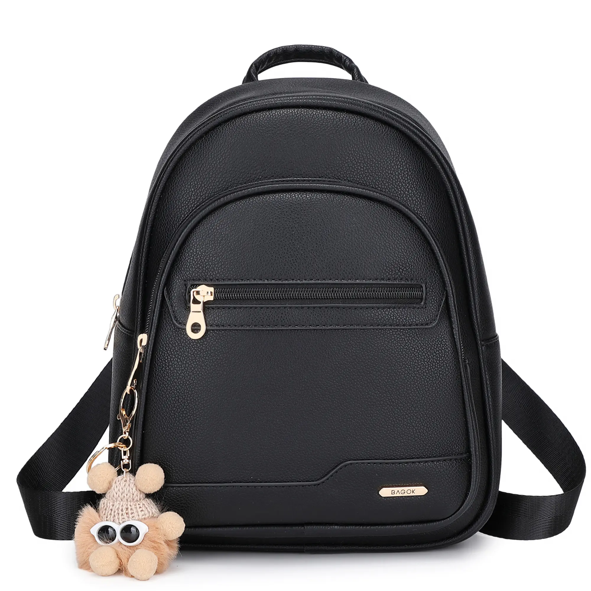 BAGOK Mini Backpack for Women With Doll Charm, Waterproof Aesthetic, Large Capacity, Triple Zipper, PU Leather, Suitable for Back to School, Travel, Work Bag, Gift for Mom and Girlfriend