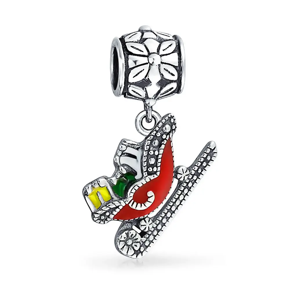 Sterling Silver Christmas Red Santa Claus Present Gift Sleigh Dangle Charm Bead Enamel for Bracelet
