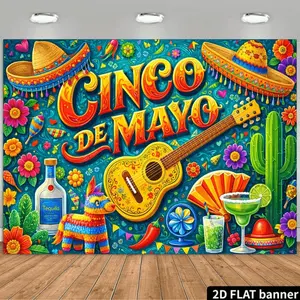2D Flat Banner, 1pc Mexican-Themed Backdrop Suitable for Cinco De Mayo Parties - Colorful Sombrero, Maracas, Tequila & Margarita Decorations with Cacti, Pennant Flags - for Photo Studio, Wedding,, Spring Event