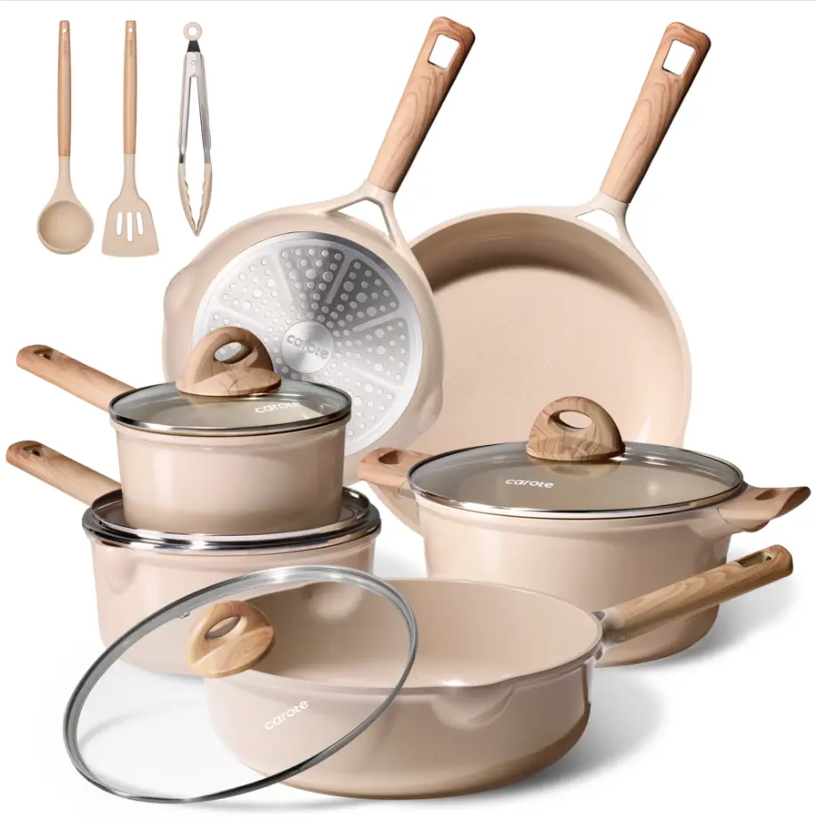 Carote Ceramic Nonstick Pots and Pans Set, 13 Pieces Non-Toxic Kitchen Cookware Sets Compatible for All Stoves