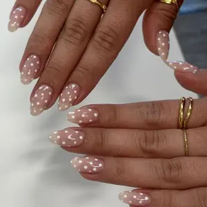 24pcs Wearable Nails, Elegant Nude with Polka Dots, Long Almond Shape False Nails, Nail Art, Perfect for Date Night and Office