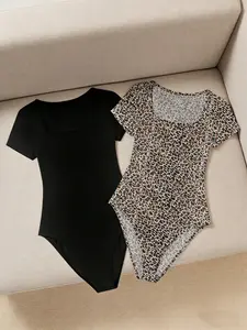 Sexy Square Neck Short Sleeve Leopard Print/pure Bodysuit, Summer New Slim Fit Bodycon, Two-Piece Set for Women