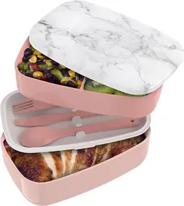 One piece stackable lunch box - modern style and design includes 2 containers, built-in plastic tableware set, nylon sealing band (powder blusher marble)