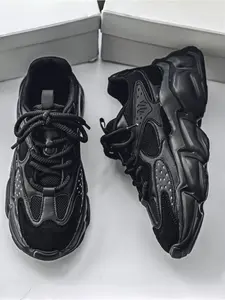 Unisex All-Black Versatile Platform Casual Athletic Sports Shoes: Light Trendy Sports Style, All-Black Tone, Chunky Sneaker Structure, Mesh Block. Ideal for Daily Social & Sports Styling.