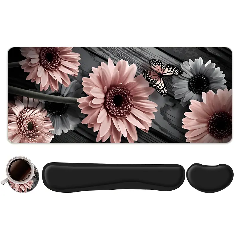 4pcs Pink Flower Butterfly Vintage Design Mouse Pad + Keyboard Wrist Rest + Ergonomic Mouse Pad + Coaster Set For Desktop Decoration, Office Accessories Set Ergonomic Wrist Support, Computer Mat Mouse Pad Coaster Suitable For Home Office Gaming