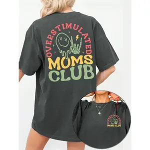 Women's "Overstimulated Moms Club" Round Neck Graphic Tee, Vintage Trendy Casual Short Sleeve T-Shirt for Daily Wear, Ladies Summer Top