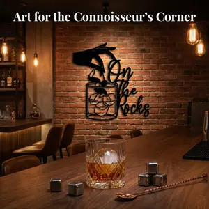 On The Rocks Metal Wall Art, Iron Whiskey Glass Decor, Bar Cart Cocktail Sign, Hand Garnish Drink Sculpture, Matte Black Bar Wall Hanging