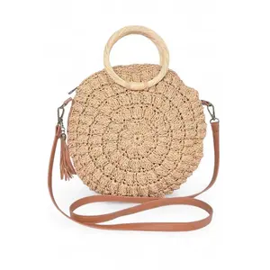 Wooden Handle Crochet Straw Circle Bag