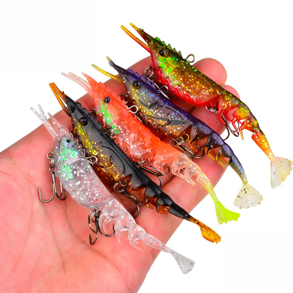 2 Pack Soft Shrimp Fishing Lures, Glitter Lifelike Prawn Swim Baits with Double Treble Hooks, Sinking Silicone Shrimp Lures for Saltwater Freshwater Bass Trout Redfish Snapper Fishing