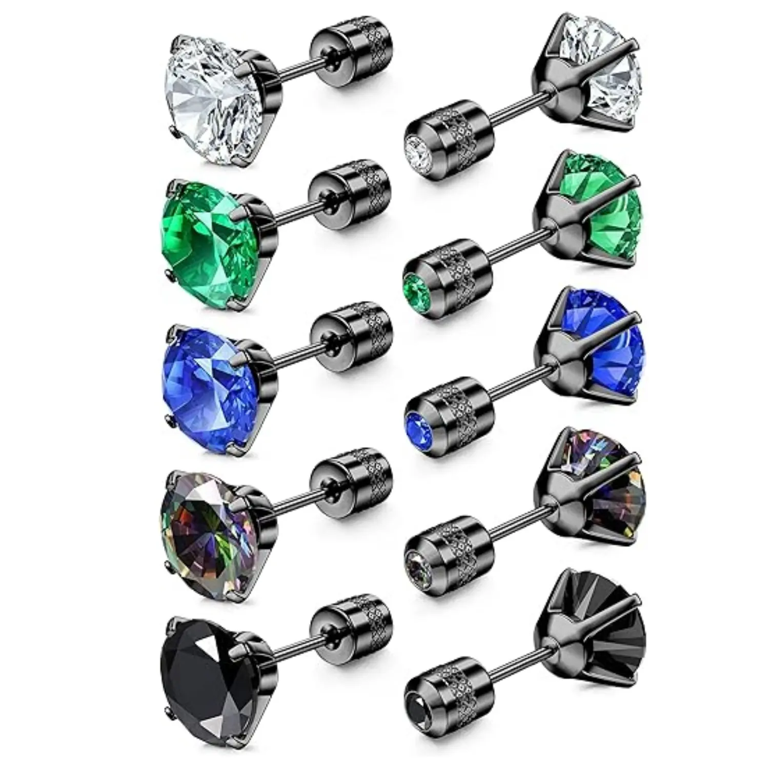 5 Pairs 6mm Titanium Screw Back Surgical Stainless Steel Earrings for Women Men,Rainbow 5A Cubic Zirconia Studs Double Side Earrings Piercing Sleeper Jewelry - Home Improvement.