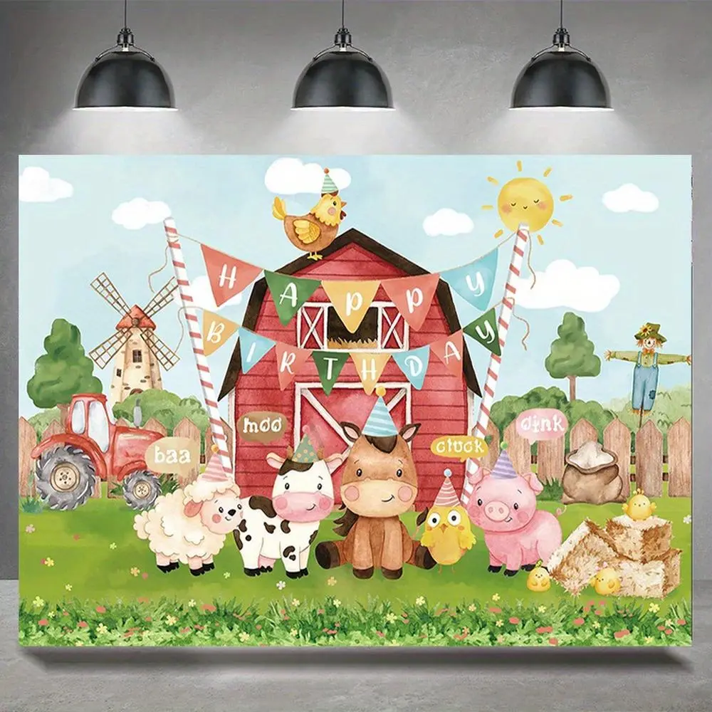 1PC 2D Flat Farm Animal Birthday Backdrop Banner, Cute Cartoon Ranch Reusable Item, Kids’ Party Wall Decor Banner, Party Decoration Supplies, Photography Background Cloth, Baby Shower Photo Prop, Farm Theme, Kids' Parties,summerwins