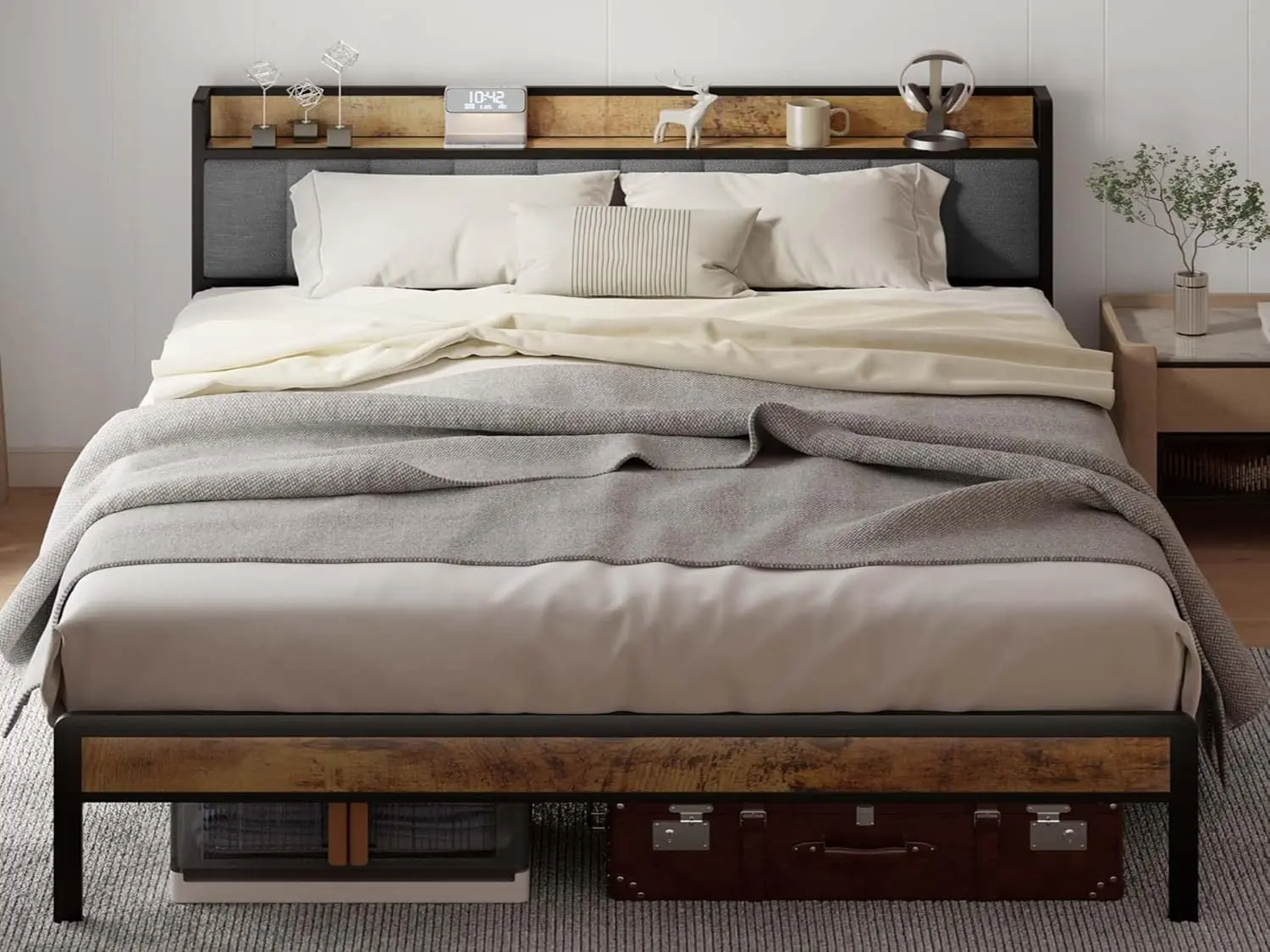 GIZOON King Size Heavy Duty Iron Bed Frame with Storage Shelf Headboard - Classic, Large Metal Bed Frames - Sturdy, Stable, Noise-Free, No Box Spring Needed, Easy Assembly, Unique Indoor Wood Furniture Piece, Classic Bed Frames