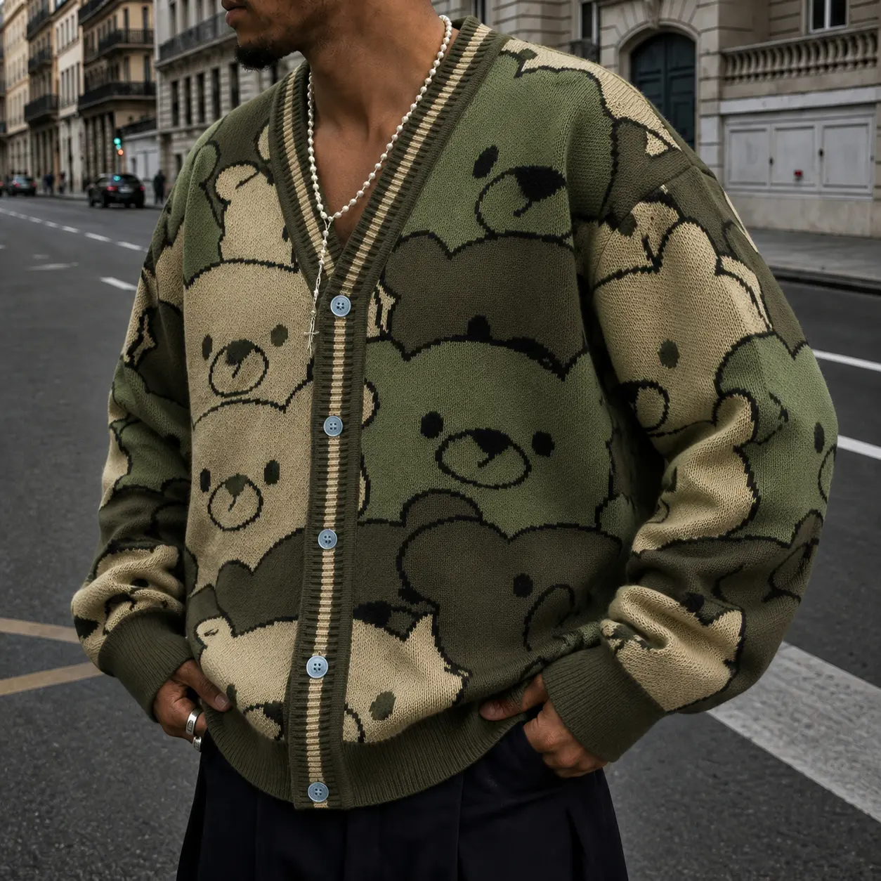 5PC Mens Y2K Streetwear Bear Graphic Cardigan All Over Print V-Neck Button Up Sweater Harajuku Oversized Knitwear Loose Fit Fall Winter Tops S-XL