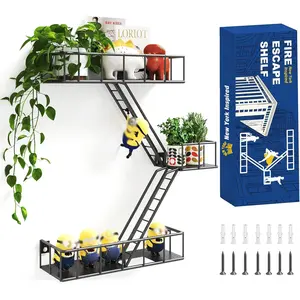 Fire Escape Shelf - 3 Tier Metal Black Fire Escape Wall Shelves with Baskets, New York Action Figurine Display Shelf, Unique Rustic Floating Decorative Wall Shelves for Any Room