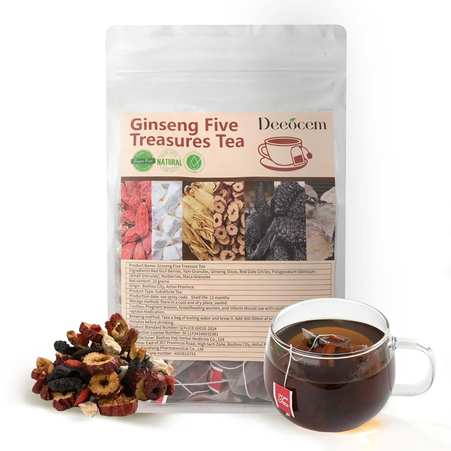 Ginseng Five Treasures Herbal Tea, 40 Tea Bags, Caffeine Free Korean Ginseng Tea with Goji Berry, Red Dates, Yam & Maca, Traditional Herbal Tea Blend for Daily Wellness, Smooth Herbal Beverage