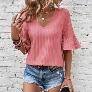 Peach Blossom Ruffled Half Sleeve V Neck Textured Top