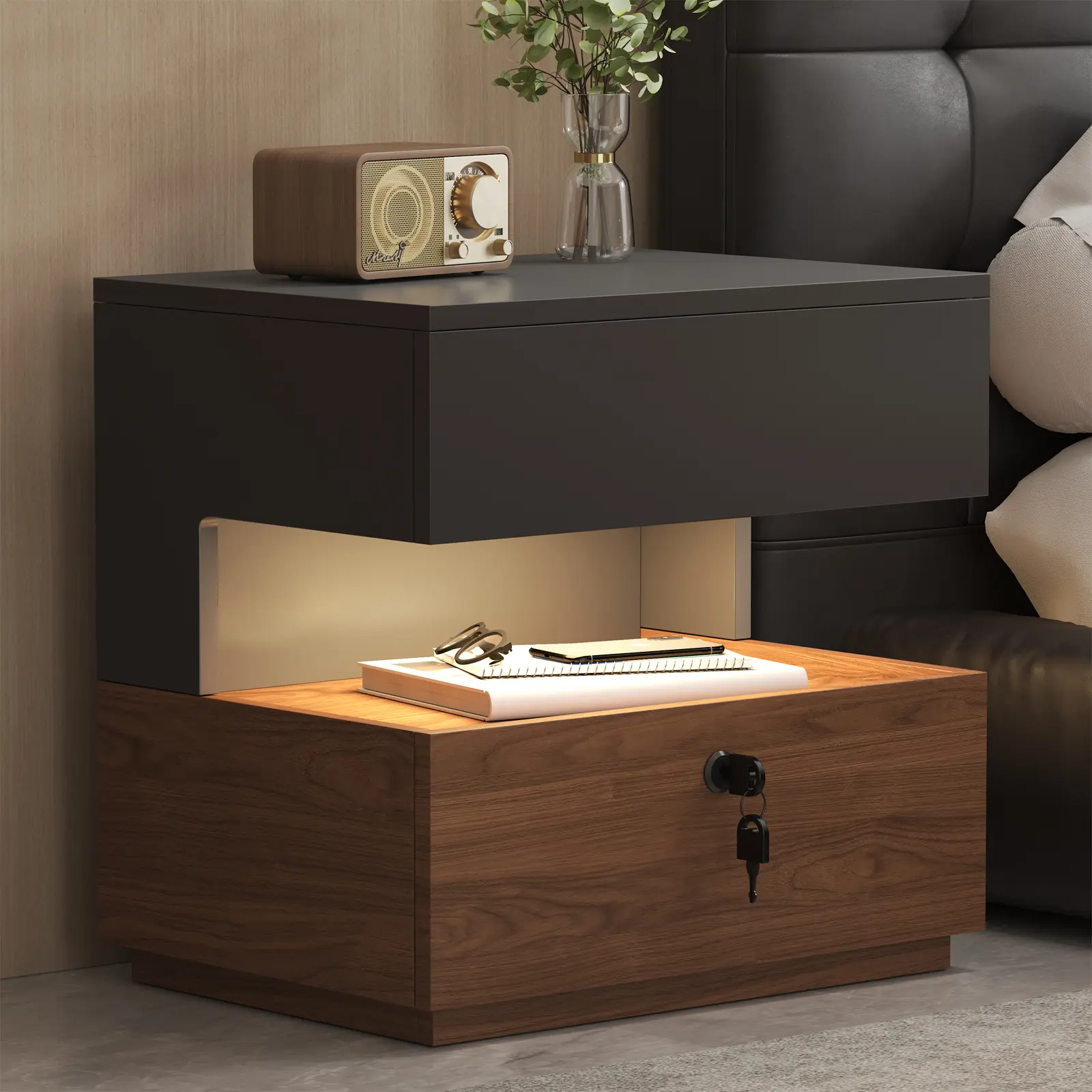 21.65" Floating Nightstand with Motion-Activated LED Light & Lockable Drawer, Modern Grey & Walnut Night Stand with Open Storage Shelf, Bedside Table with 2-Tier Drawer, Mid Century Bedroom Side Table
