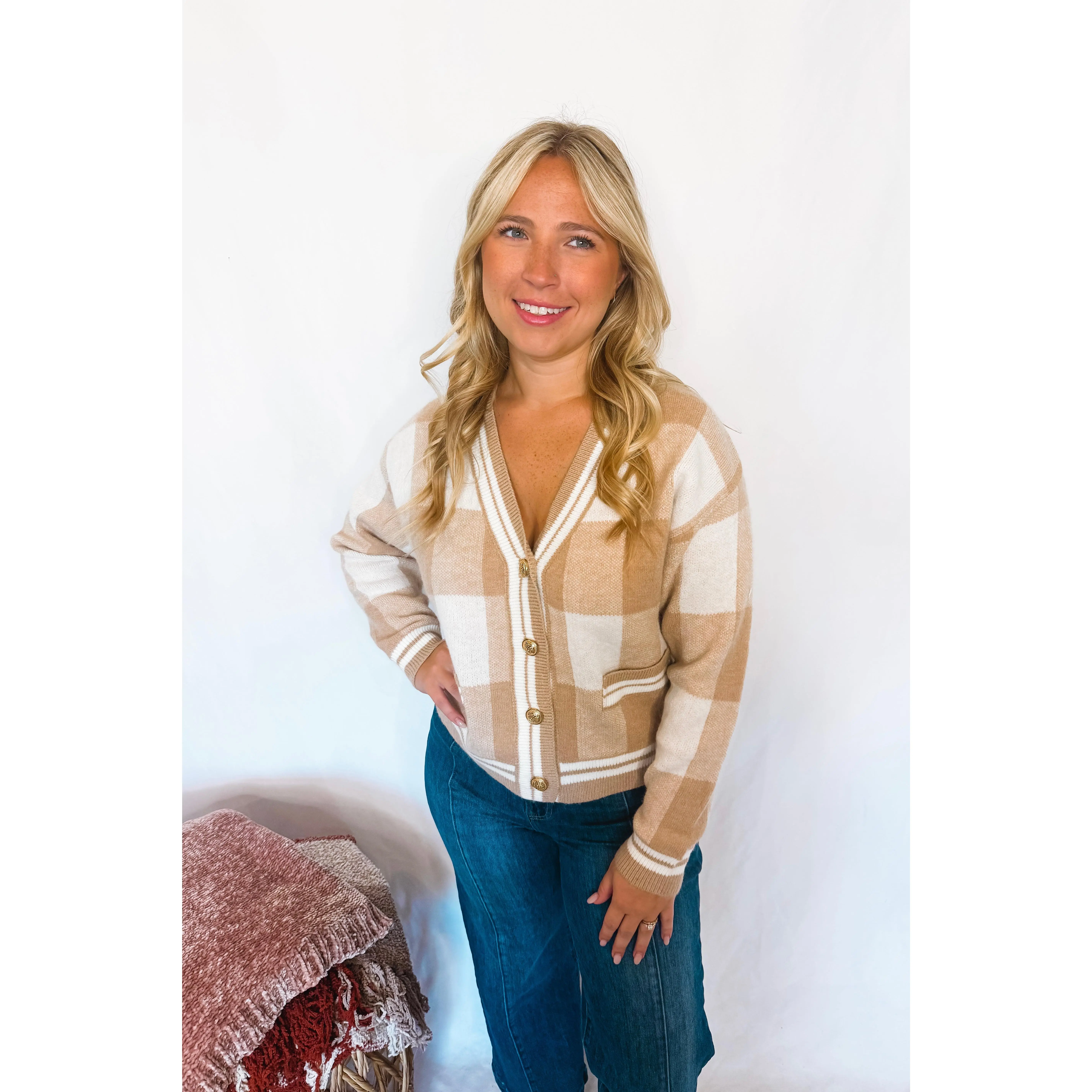 Honey Love Checkered Button Cardigan - Tan