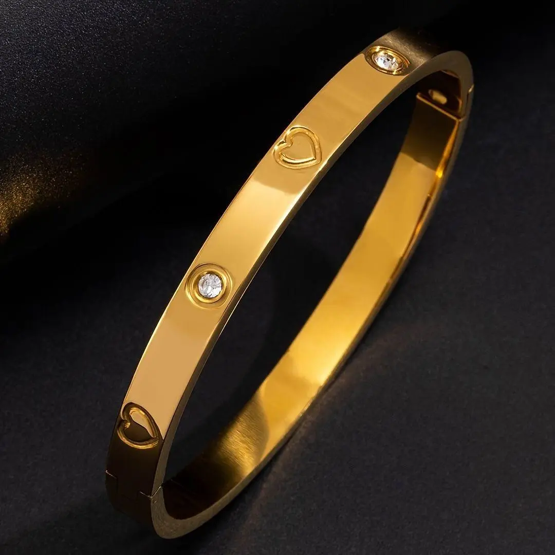 18K Gold Plated Heart Charm Stainless Steel Bangle - Elegant Crystal Accents & High-Polish Finish - 6mm Width, 60mm Diameter, 20g Weight Jewelry Bracelet