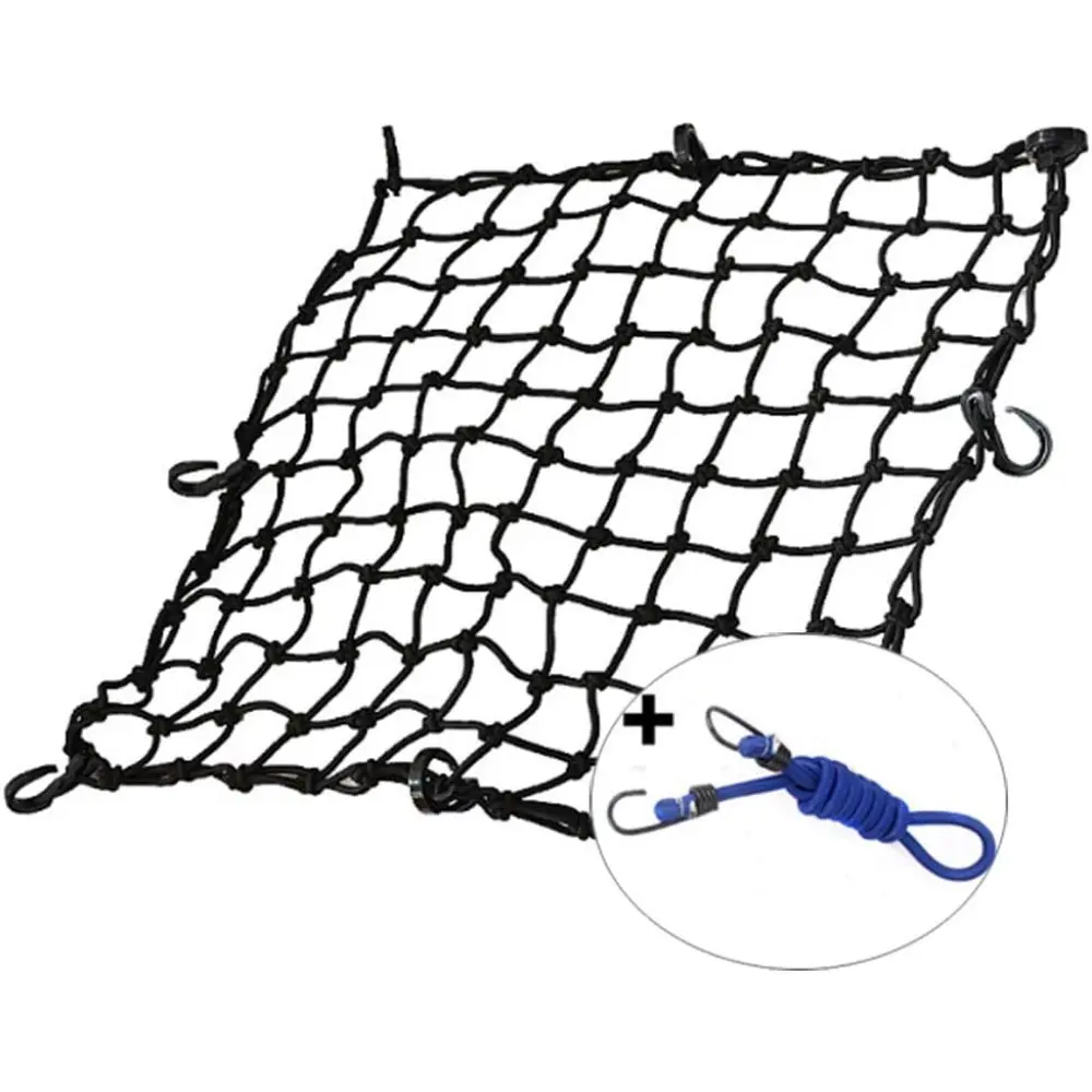 20" x 20" Cargo Net, Bungee net with 8 Hooks, Small Cargo Net Stretches to 42" x 42", Cargo Netting with 2" x 2" Mesh For Motorcycle,Bike,ATV-Free 1 PC Luggage Fixed Strap Rope