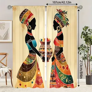 2pcs High Definition African Tribal Art Print Curtains, Semi-Transparent Polyester, Fade Resistant, Hand Washable, Home Decor