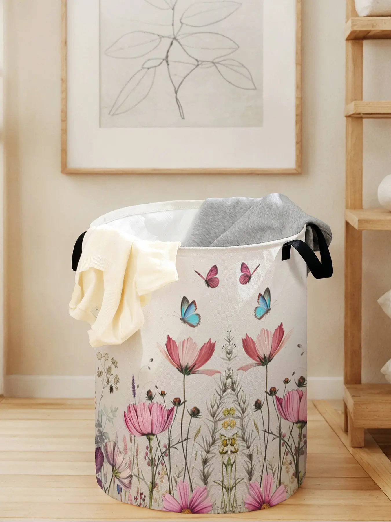 Floral Butterfly Print Laundry Basket with Handle, Laundry Hamper, Durable Foldable Clothes Storage Bin, Large Capacity Toy Organizer for All Seasons