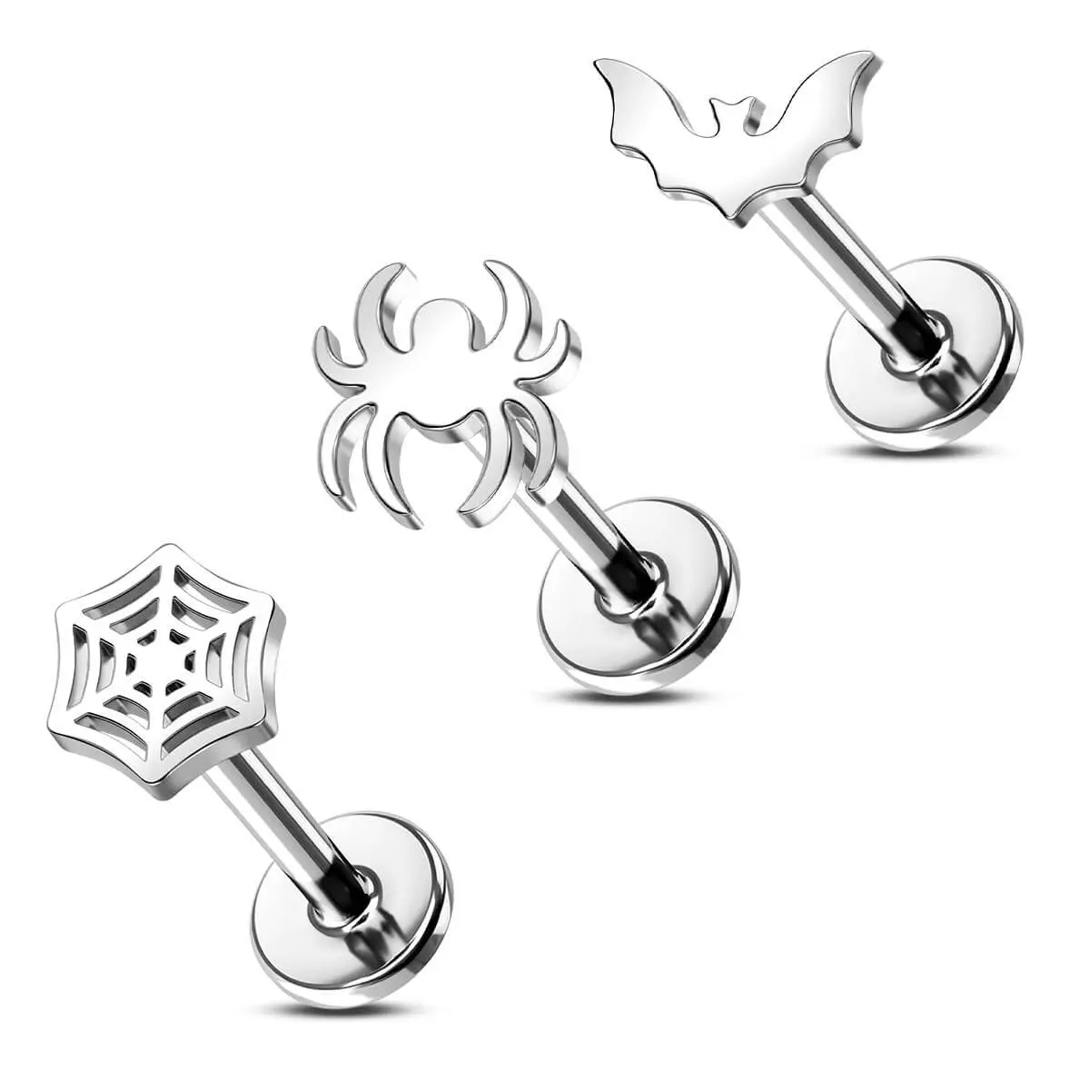 Oufer 16G 3PCS Flat Spider Web/Bat/Spider Internally Threaded Labret Studs Set