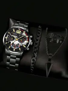 4-Piece Men's Sports Quartz Watch Set with Steel Band, Calendar & Bracelet, Fashionable Watches