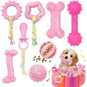 Cute Pink Puppy Teething Toys Kit - Durable Rubber Chew & Treat Dispensing Toys for Small Dogs, Ideal Gift
