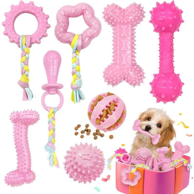 Cute Pink Puppy Teething Toys Kit - Durable Rubber Chew & Treat Dispensing Toys for Small Dogs, Puppy Teething Sticks, Puppy Teething Rings, Ideal Gift