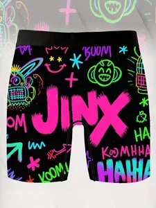 Men's Neon Graffiti 'JINX' Print Boxer Briefs Green Robot Star Eyes Monkey Alien Design Underwear with HAHA KOOM Text Streetwear Style Black Waistband Chaotic Fun Socks-like Briefs Machine Washable for Anime Gaming Fans - Menswear