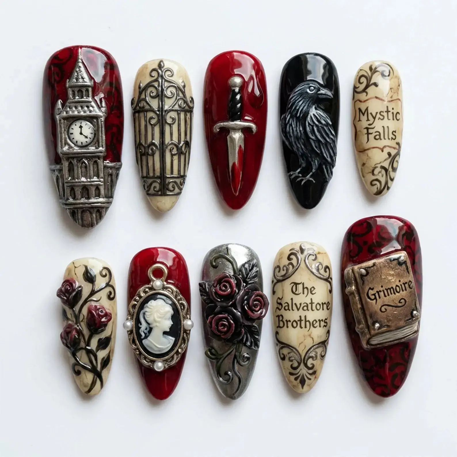 The Vampire Diaries Mystic Falls Press On Nails | Goth Salvatore Brothers Fake Nails | 3D Grimoire Clock Tower Crow Dagger Nail art
