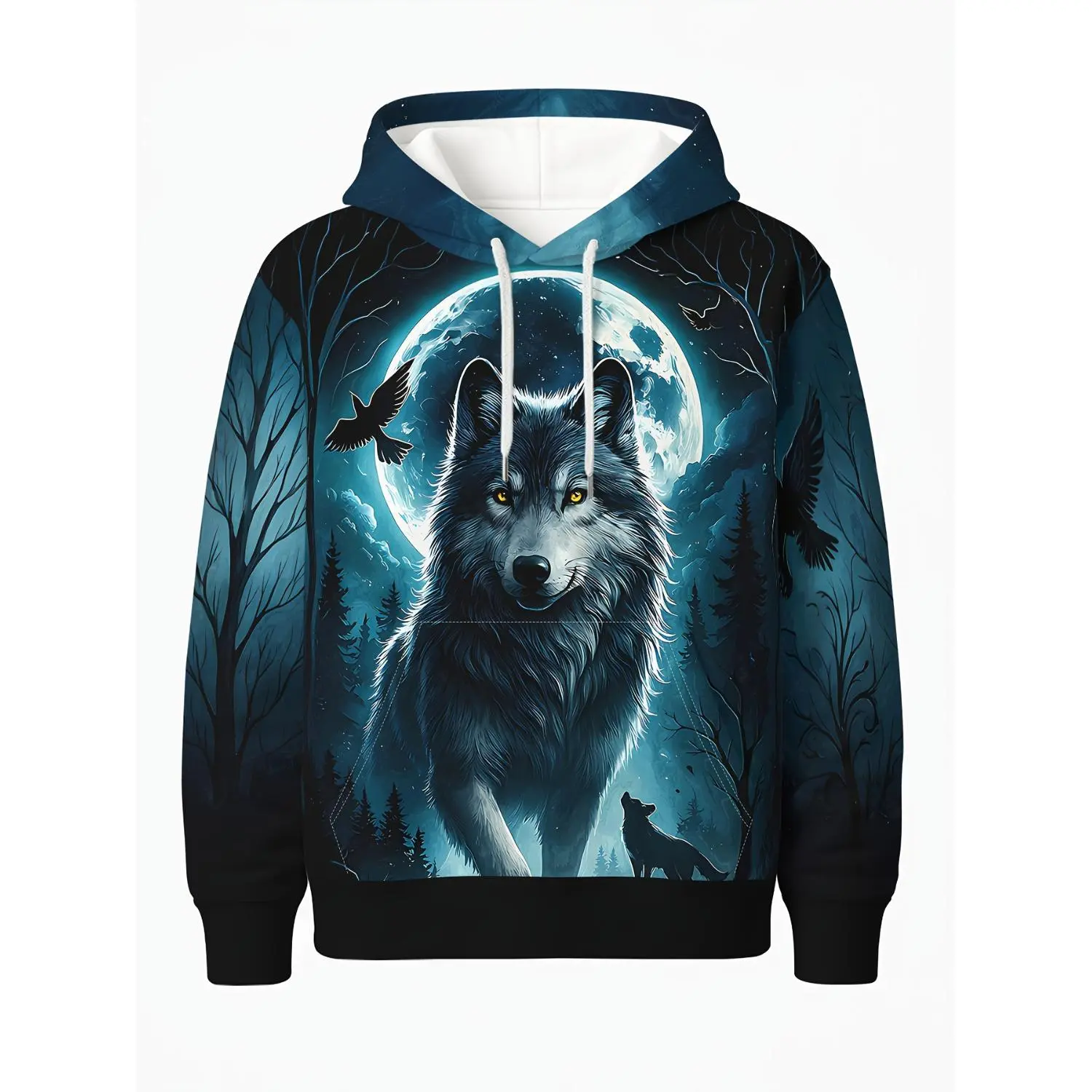 Norse Mythology 3D Wolf Hoodie with Drawstring & Kangaroo Pocket, Moonlit Forest Raven & Wolf Design for Men, Perfect Casual Wear & Unique Gift for Outdoor Enthusiasts