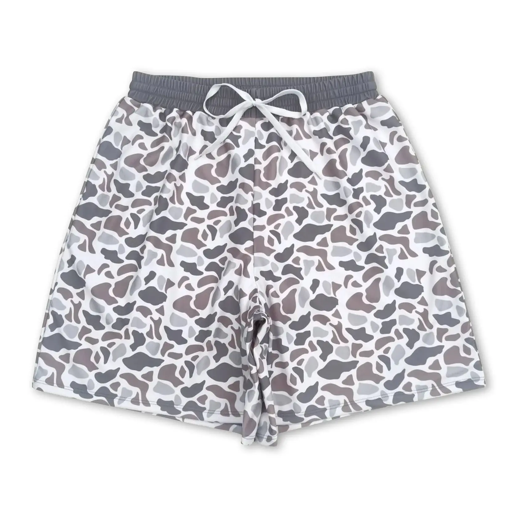 Adult Gray Camouflage Print Beach Swim Shorts - Swimmer Trunks, Casual, Pocket-Free Sports & Outdoor Swimwear