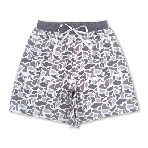 Adult Gray Camouflage Print Beach Swim Shorts - Swimmer Trunks, Casual, Pocket-Free Sports & Outdoor Swimwear