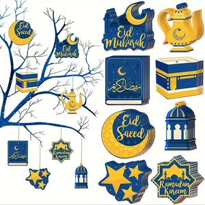 8-Piece Wooden Ramadan Decorations, Ramadan Kareem, Islamic Home Decor with Arabic Calligraphy, Lanterns, Moon and Star Patterns, Blue and Gold Colors for Eid Party Supplies, Religious Home Decor