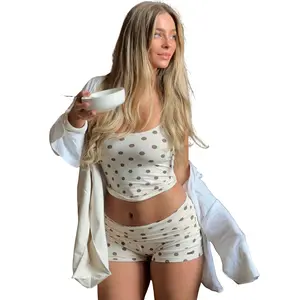 Women’s Casual Summer 2 Piece Outfits Y2k Polka Dots Print Sleeveless Crop Tank Top + Fold Over Waist Shorts Set Summer Lounge Sets Sleepwear Spaghetti Straps Square Neck Cami Top + Shorts