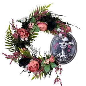 Day of the Dead Halloween Floral Skeleton Wreath - Spooky Hanging Door Decoration - Eye, Ornaments Flower Flower