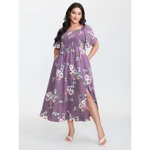 BLOOMCHIC Plus Size Floral Square Neck Ruffles Pocket Shirred Slit Dress [M–6X], 2026 Summer Vibes