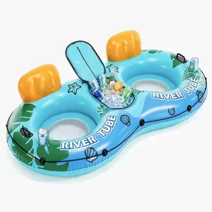 2-Person Inflatable River Float with Removable Cooler and 2 Cup Holders – 90.55" x 49.21" Heavy Duty Lake Pool Tube with Supportive Backrest, Durable Handles, Cooling Mesh Bottom, 255.9" Rope with Carabiner & GRAP Rope for River, Lake, or Pool