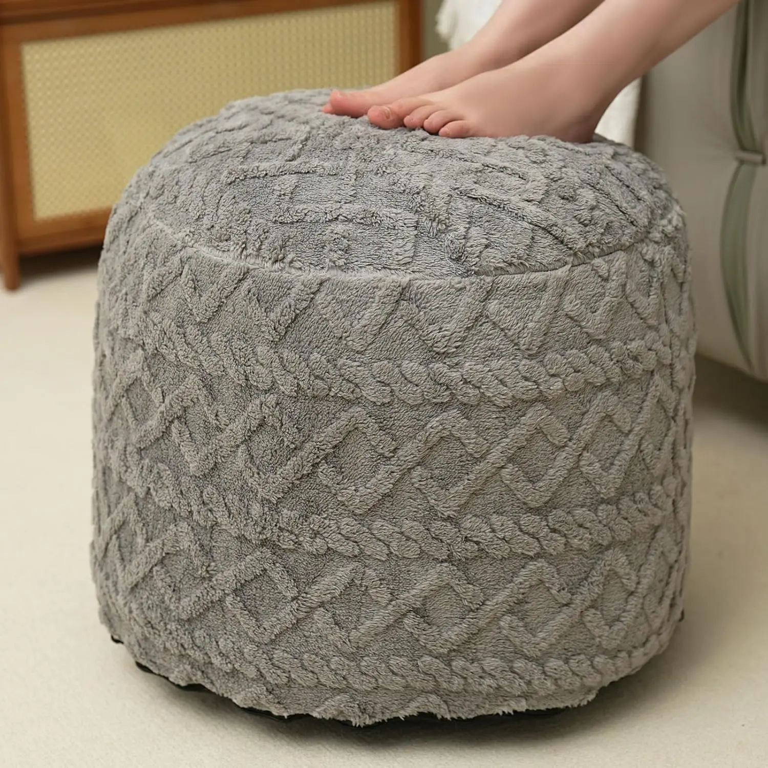 Round Stuffed Pouf Ottoman for Foot Rest, Faux  Poufs with  Chunk Filling, Storage Ottoman Pouf Foot Stool Cushion, 20 X 15 InchFloor Poufs Foot Rest for Living Room Bedroom Home Decor (Grey)