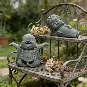 2pcs Zen Buddhist Statues, Stone Carved Maitreya Buddha Open Arms Laughing Belly, Lying Reclining Buddha, Cute Feng Shui Decor for Home Desk Office, Stone Sculpture for Aquarium Terrarium Bonsai Planter Garden Patio, Relaxing Meditation Art Gift