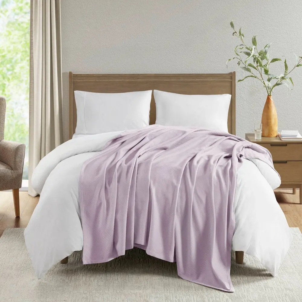 Queen Size Ring Spun Cotton Blanket with Ribbed Weaving, Lilac