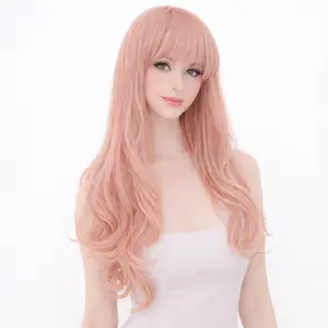 Glueless Wig Dusty Pink Water Wave With Bangs Heat Resistant Synthetic Hair For Y2K Girl Daily Wear Date Night