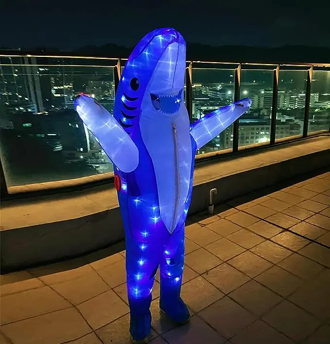 Adult Blue Shark Inflatable Costumes Air Blow up Jumpsuit Funny LED Light Up Halloween Costumes Cosplay Fantasy Costume