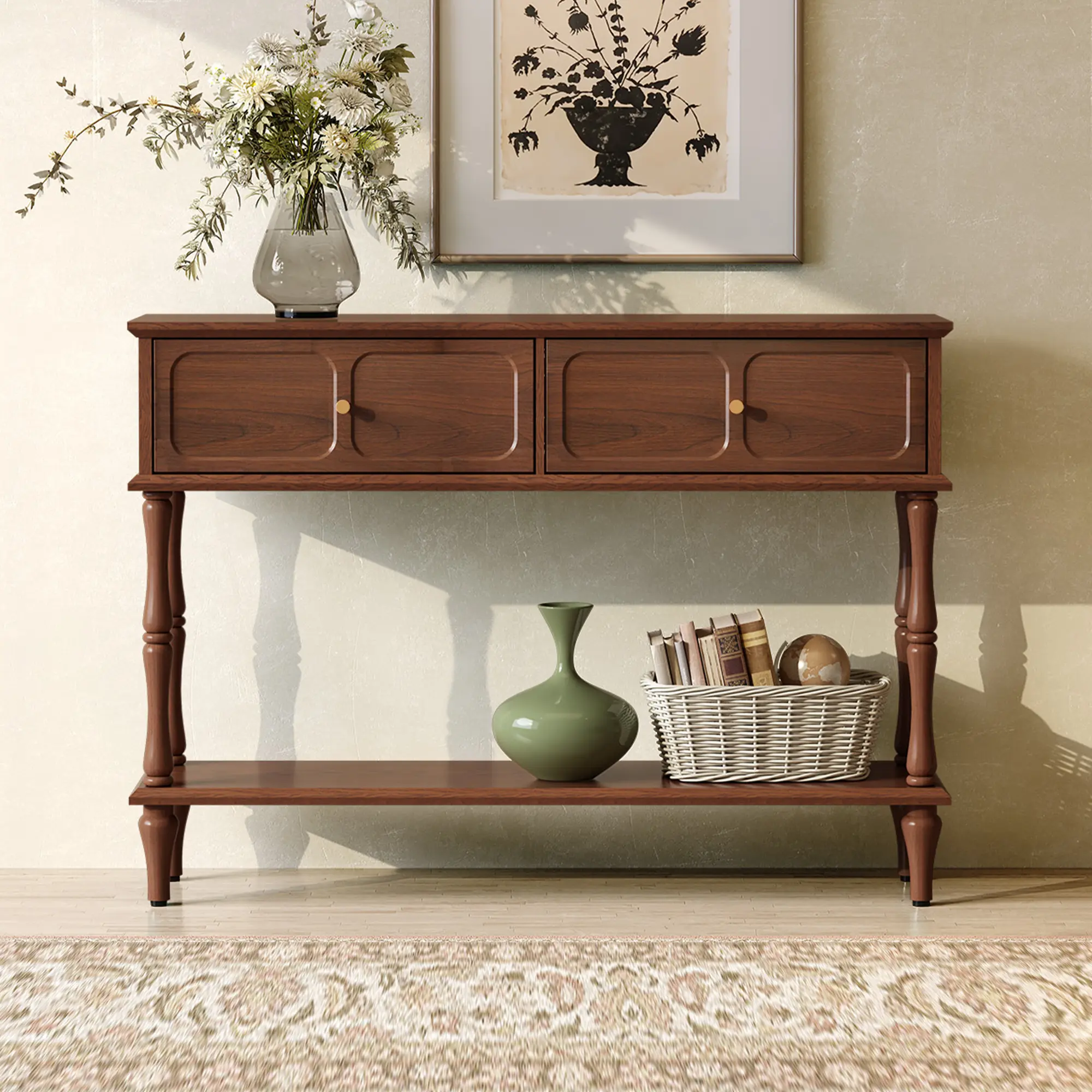 HLR 47" Mid-Century Retro Style Console Table with 2 Drawers, Open Shelf Display, Sturdy Legs Anchoring Firmly, Brown Living Room Decor Clean Aesthetic Narrow Table for Entryway, Foyer