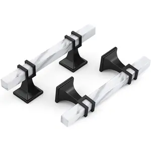 10 Pack 3 inch White Marble Grain Kitchen Cabinet Pulls Black Dresser Drawer Handles, 2 Tone Square Hardware