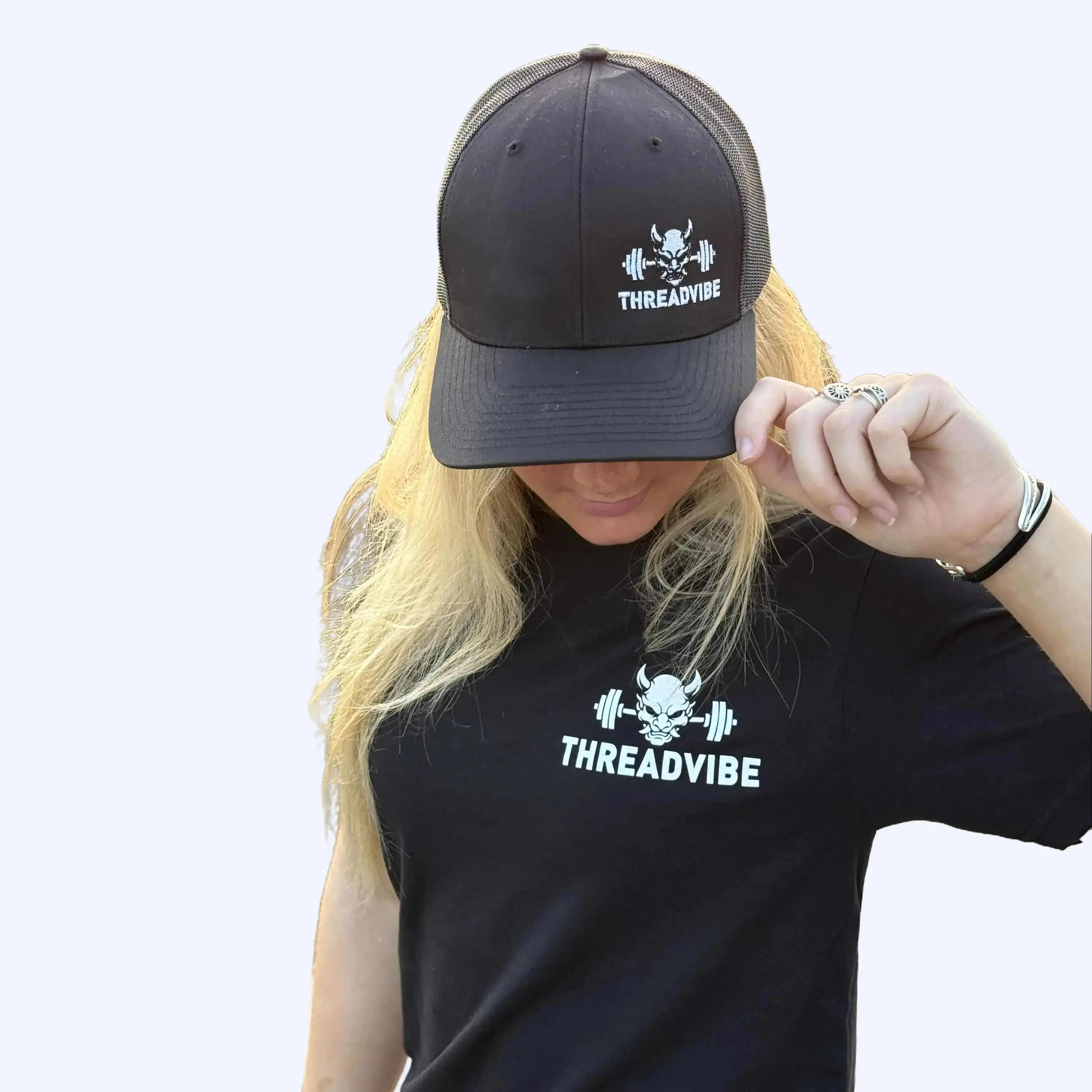 Threadvibe Fighting Demons Snapback Hat - Black Trucker Style with Demon Logo & Barbell Design - One Size Fits Most - Breathable Mesh Back - Unisex Everyday Wear
