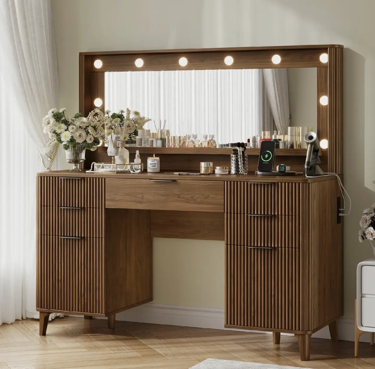 Large Makeup Vanity Desk w/ Mirror, Lights, Vanity Desk with 5 Drawers 2 Cabinet